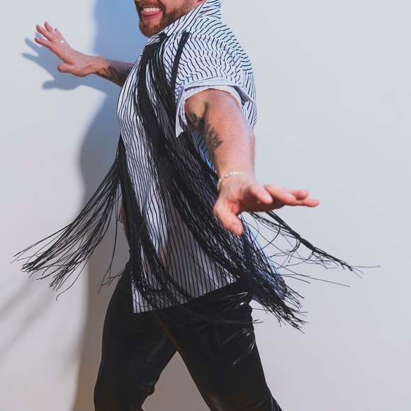 Sexy fun fringe button up striped shirt M men - Picture 2 of 9